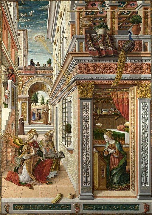 A Anunciação com Santo Emídio é uma obra do artista italiano Carlo Crivelli, pintada em 1486. A obra é um retábulo que foi pintado para a Igreja da SS. Annunziata, em Ascoli Piceno, na Itália. Ela é mais uma arte em que o pavão aparece.
