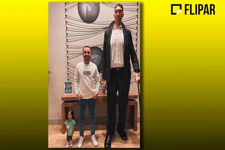 Sultan Kösen, de 2,51 metros, e Jyoti Amge, de 62,8 centímetros, posaram para fotos na Califórnia, na costa oeste dos Estados Unidos. 
