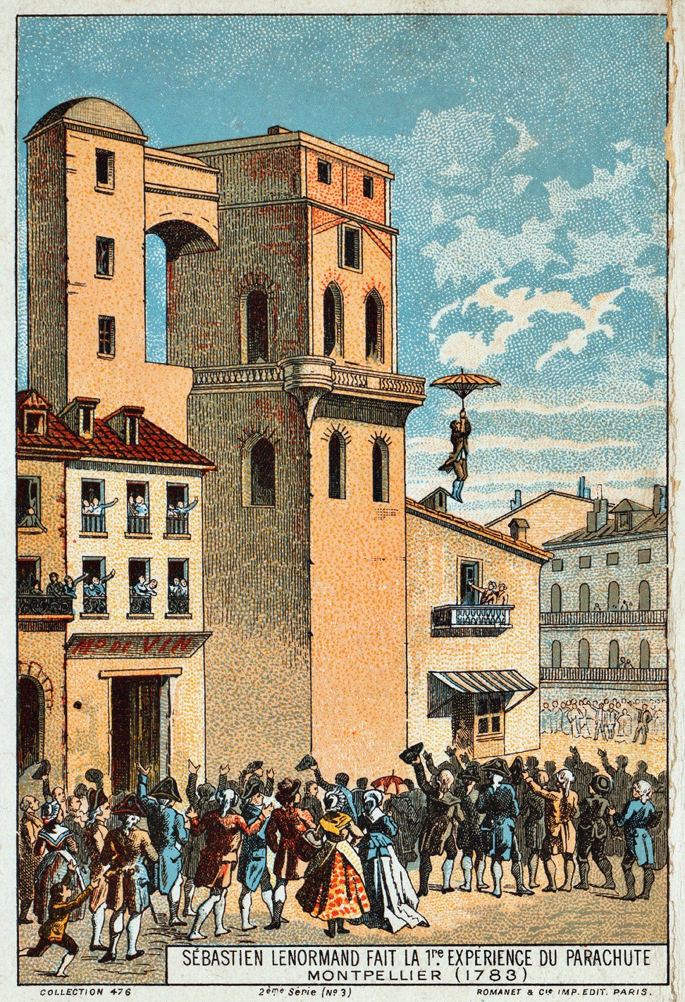 O francês Louis-Sébastien Lenormand (1757-1839), em 1783, saltou de uma árvore com dois guarda-sóis, um em cada mão. No entanto, foi André-Jacques Garnerin (1796-1823) que marcou seu nome na história deste dispositivo. 
