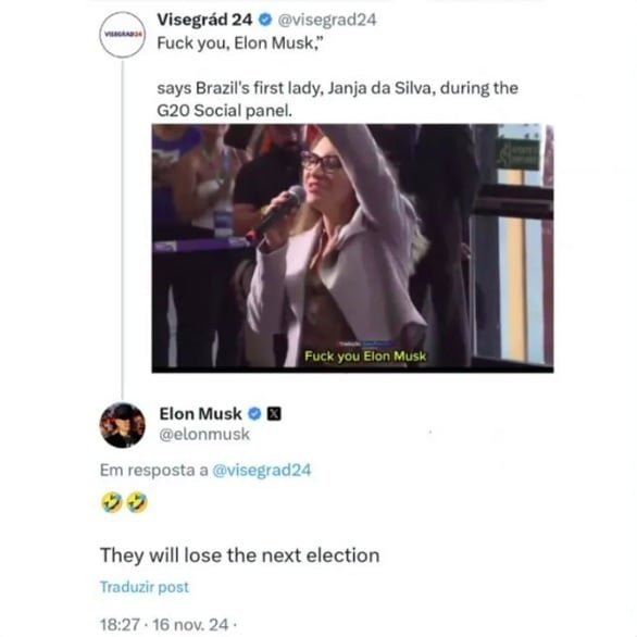 No X, rede social propriedade de Musk, o bilionário respondeu com emojis de risadas e completou: “Eles vão perder a próxima eleição“.