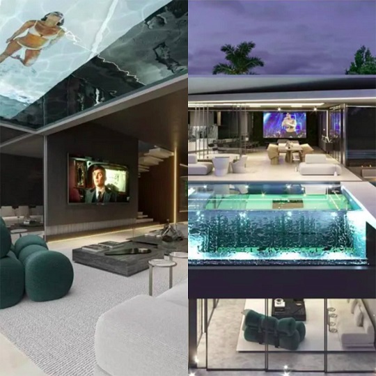 Não olhe para cima: O cantor Léo Santana e sua esposa, Lore Improta, não economizaram na excentricidade e construíram uma piscina com fundo de vidro no teto da sala de casa! -montagem / reprodução instagram 