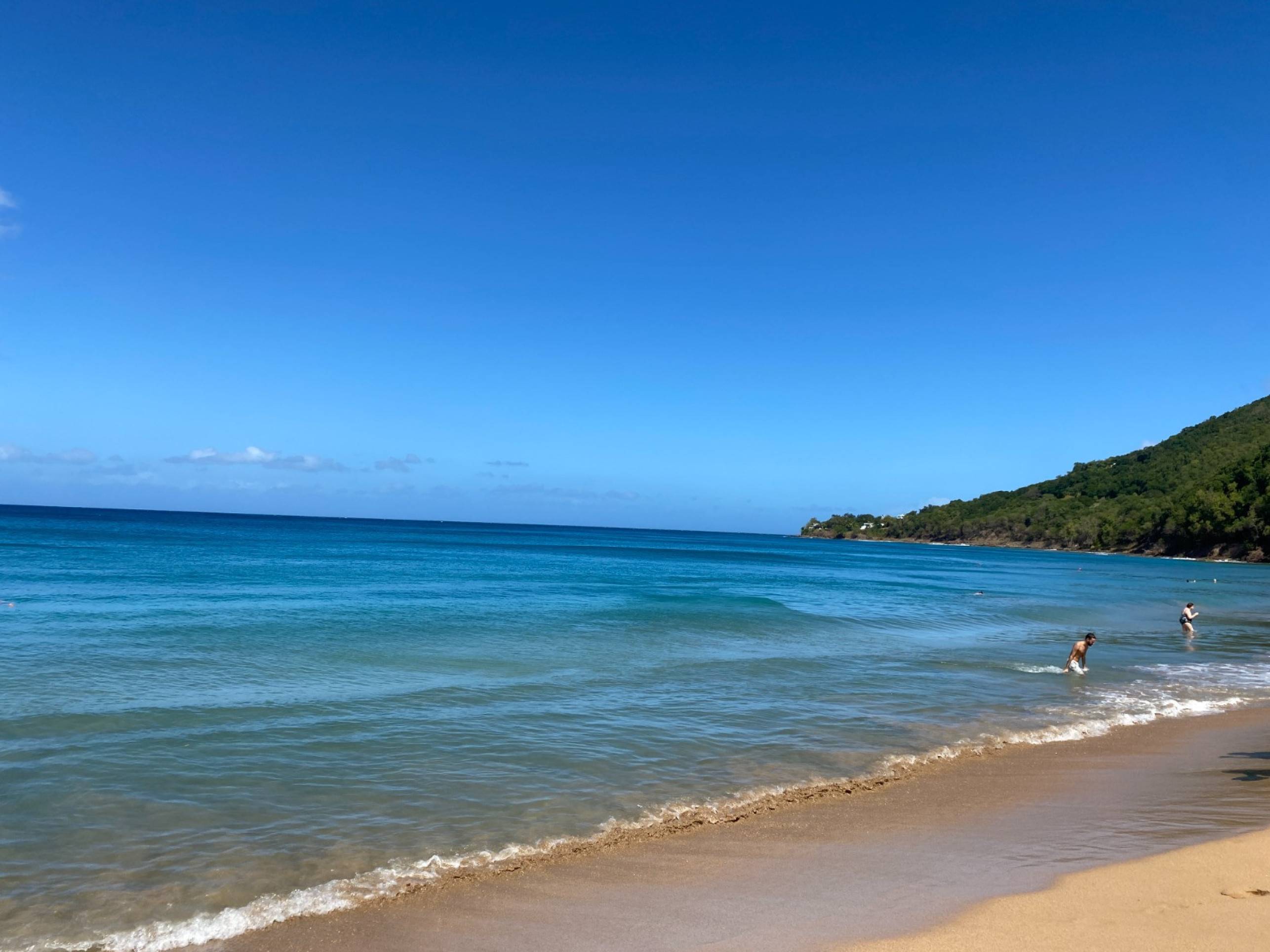 A praia Plage de Grande Anse, que nas profundezas tem águas num tom azul escuro e mais esverdeado à margem.