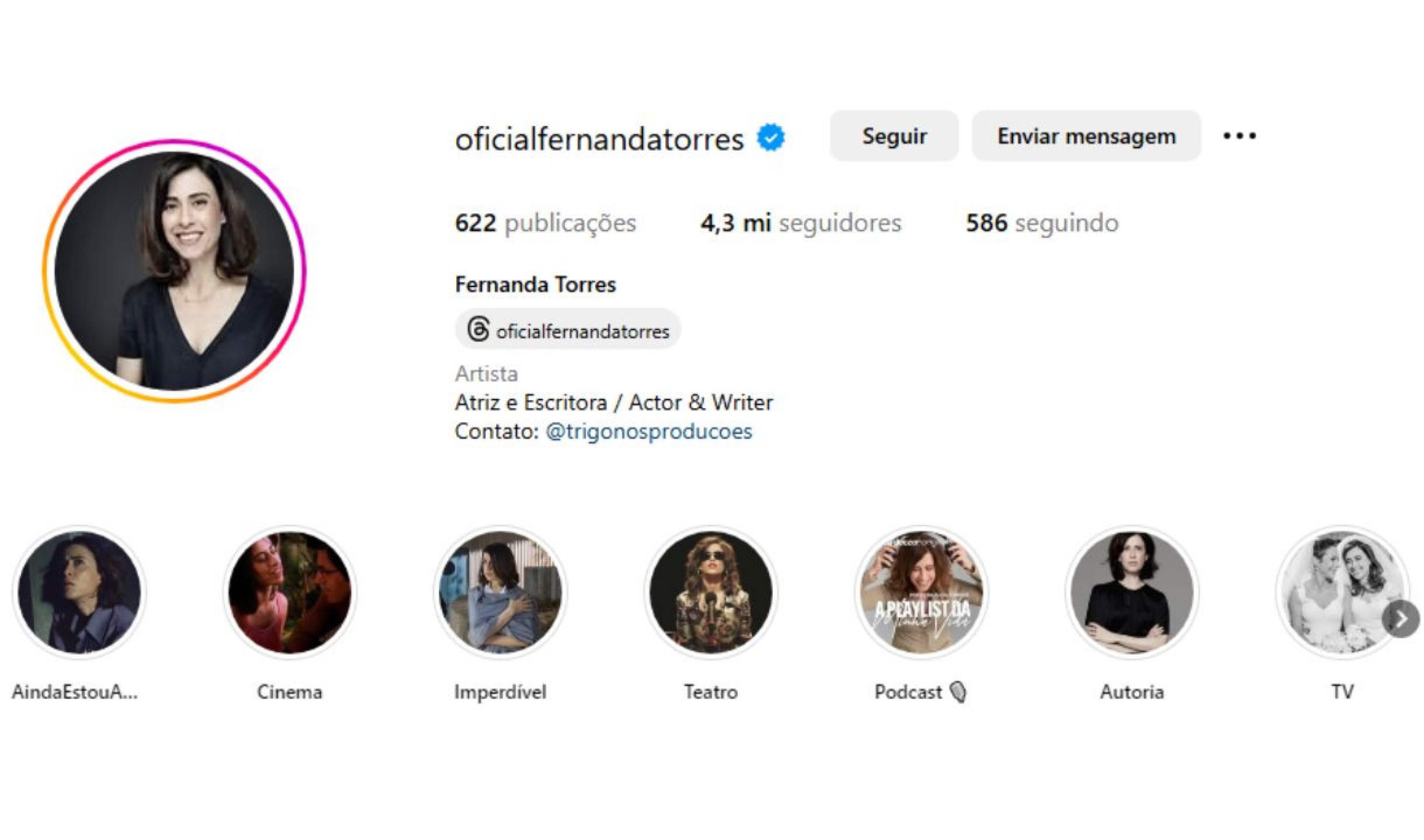 Fernanda Torres tem 4,3 milhões de seguidores nas redes sociais Fernanda Torres tem 4,3 milhões de seguidores nas redes sociais