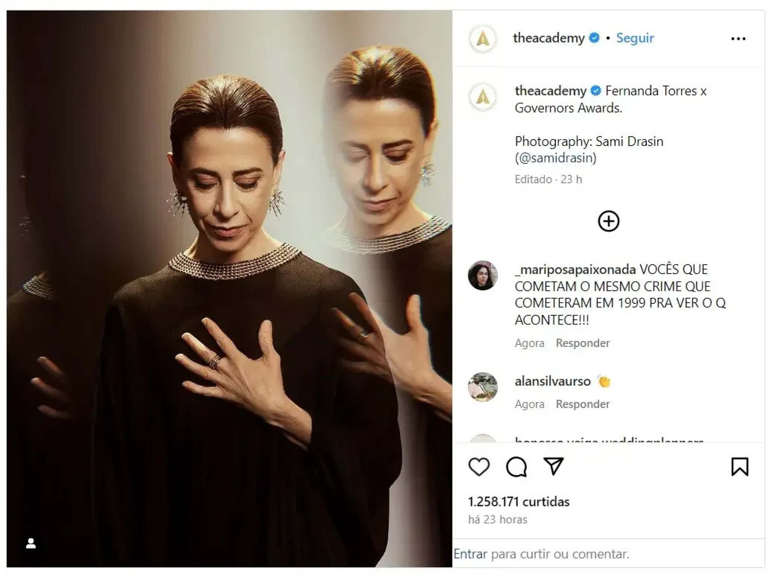 Foto de Fernanda Torres no perfil da Academia de Artes e Ciências Cinematográficas, que concede o Oscar 