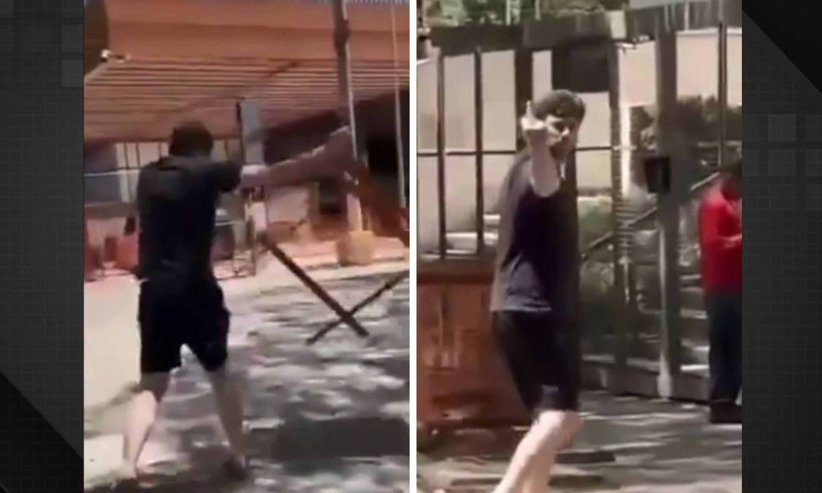 Danilo Gentili arremessa cavalete de obra e faz gesto obsceno para homem que gravava o 'surto' do comediante -  (crédito: reprodução/dailymotion)