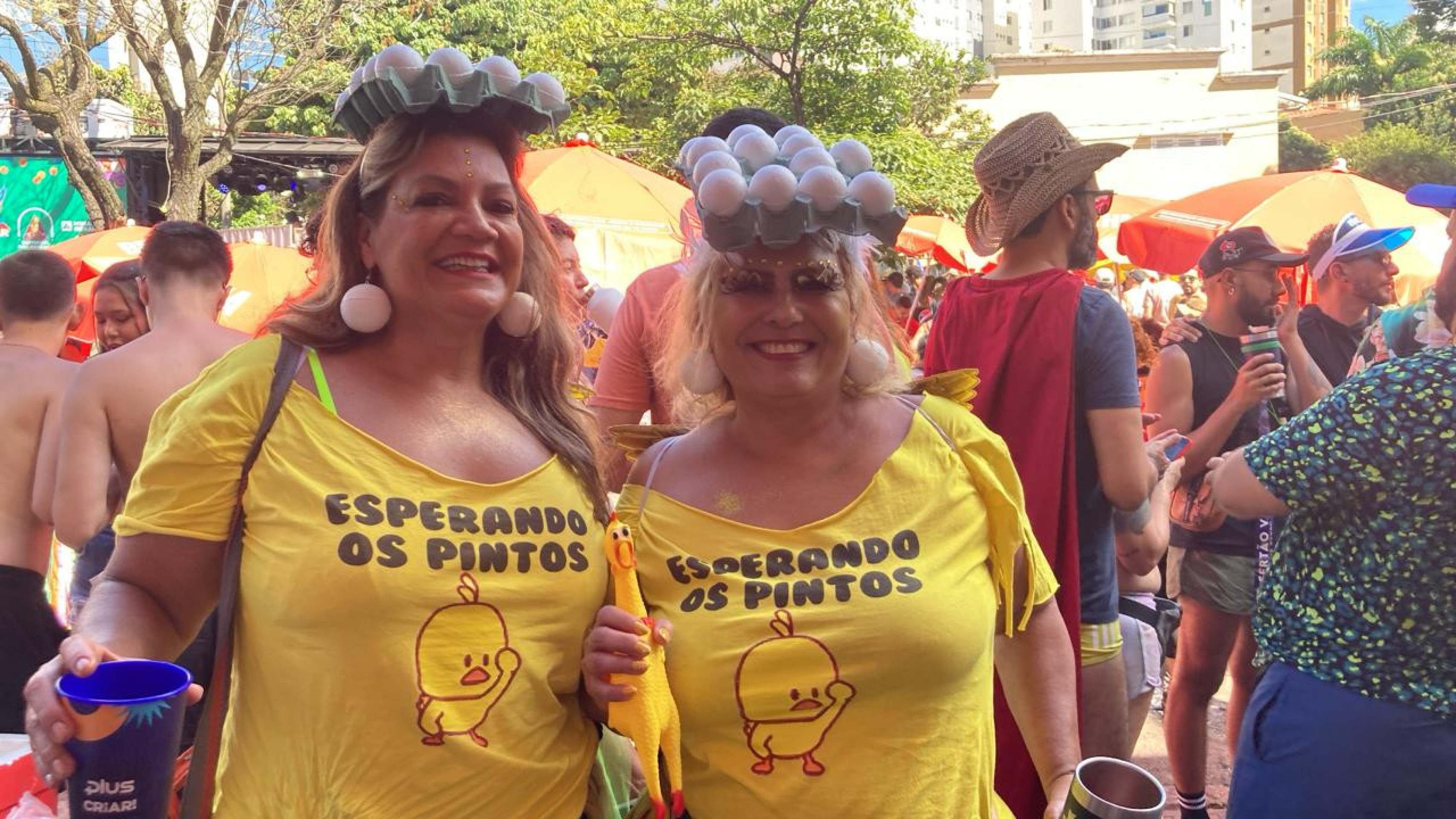 Amigas usam fantasia com caixa de ovos na cabeça acompanhada de camisas que levam a frase 