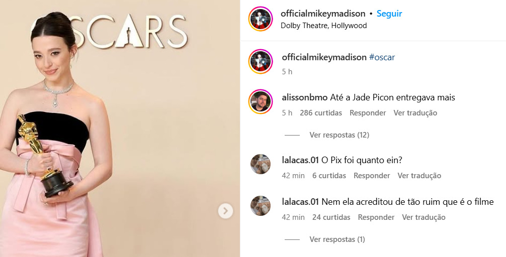 Brasileiros entopem o Instagram de vencedora do Oscar com mensagens de repúdio