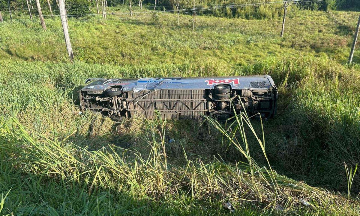 Ônibus com 45 pessoas tombou na Dutra e deixou um adolescente de 13 anos -  (crédito: Defesa Civil de SP/Divulgação)