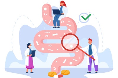  Tiny doctors examining gut flora flat vector illustration. Therapists checking digestive system, gastrointestinal tract, bowel, friendly microorganisms or bacteria. Nutrition, health concept
     -  (crédito: DINO)