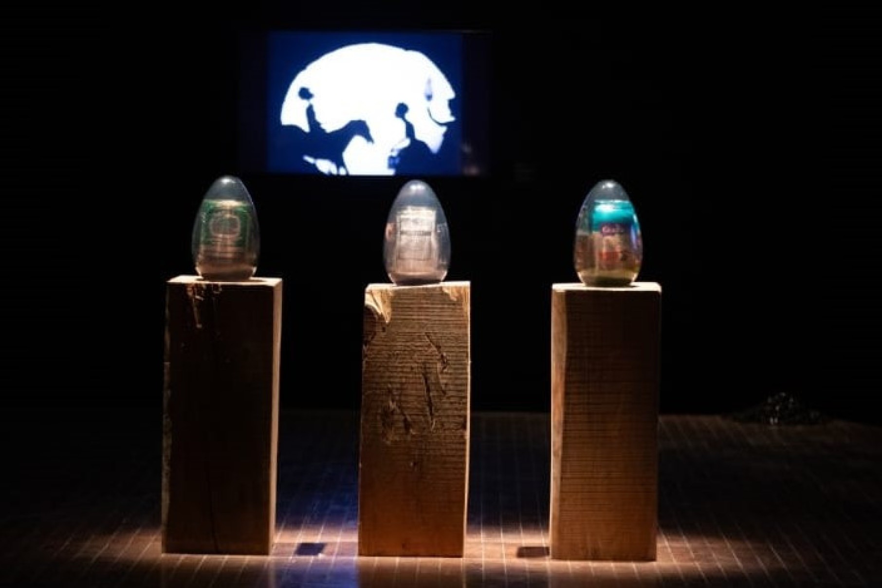  'Ovos de Colombo - Produtos de genocídio', de Paulo Nazareth. Ao fundo, 'Testimony: Narrative of a negress burdened by good intentions', de Klara Walker
