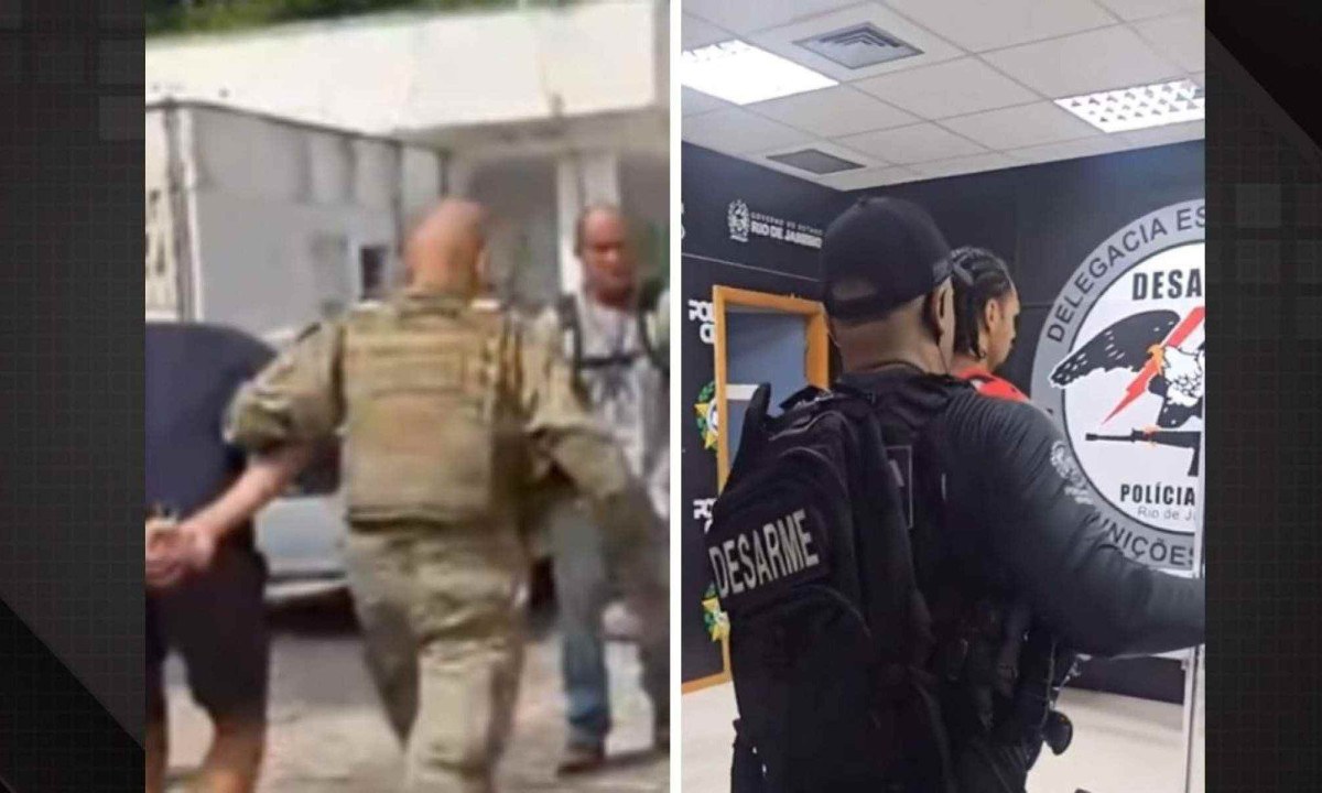 Policial militar e policial civil conduzem para delegacia presos em megaoperação no Rio de Janeiro -  (crédito: reprodução/redes sociais)