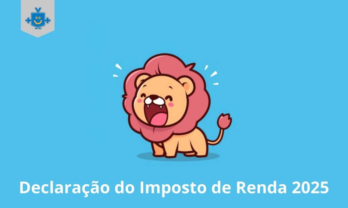 Ilustração de um leão fofinho em fundo azul, com a legenda "Declaração do Imposto de Renda 2025" em texto amarelo. - (crédito: Reprodução Educando seu Bolso) Ilustração de um leão fofinho em fundo azul, com a legenda "Declaração do Imposto de Renda 2025" em texto amarelo. - (crédito: Reprodução Educando seu Bolso)