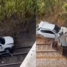 Carro cai de viaduto e é atingido por trem em Minas - Reprodução/Redes Sociais 