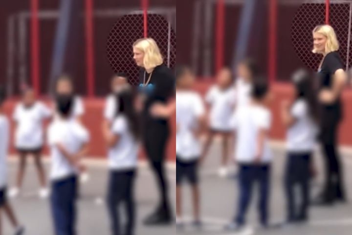 A atriz esteve na Emef Professora Olinda Menezes Serra Vidal, na Zona Leste da capital, e interagiu com estudantes na quadra esportiva.