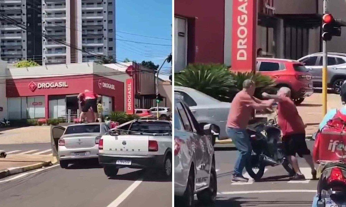 Briga de trânsito em Presidente Prudente (SP), onde motociclista e motorista se envolveram em uma confusão por causa de uma suposta 'fechada' -  (crédito: Reprodução/Dailymotion)