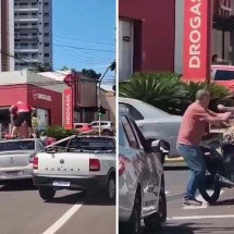 Briga de trânsito tem moto jogada no chão e motorista no teto de carro
