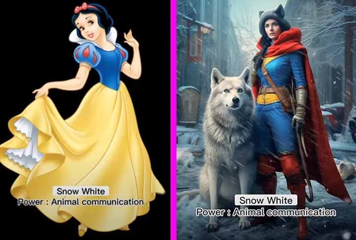Primeira princesa da Disney e protagonista de um longa-metragem da empresa, Branca de Neve ganha a habilidade de se comunicar com animais.-Youtube Canal Dreamy AI