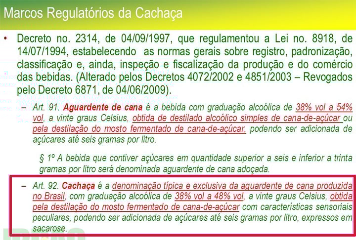 "Cachaça é a denominação típica e exclusiva da aguardente de cana produzida no Brasil, com graduação alcoólica de 38% a 48% em volume, a 20°C), obtida pela destilação do mosto fermentado de cana-de-açúcar com características sensoriais peculiares, podendo ser adicionada de açúcares até seis gramas por litro, expressos em sacarose"