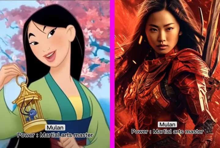 Mulan é a primeira personagem principal criada pela Disney que se tornou uma princesa graças a uma proeza heroica. Ela se disfarçou de homem e foi defender a China no lugar de seu pai, que estava velho e doente. Com a inteligência artificial, Mulan é transformada em uma mestre em artes marciais.  -Youtube Canal Dreamy AI