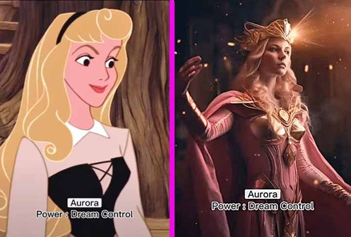 Aurora, que é vítima do feitiço de Malévola em ‘A Bela Adormecida’, se torna capaz de controlar os sonhos nesse novo universo.-Youtube Canal Dreamy AI