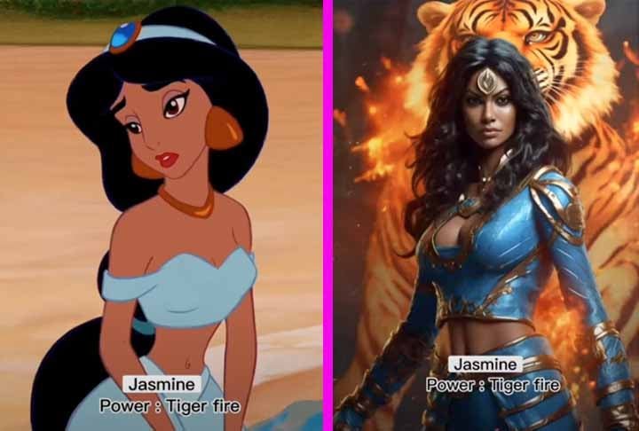 A ousada Jasmine, de "Aladdin", de 16 anos, filha do Sultão que desafiava as tradições da família, ganha o poder do fogo de tigre.-Youtube Canal Dreamy AI