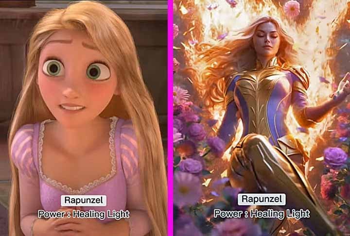 Rapunzel, de "Enrolados", é prisioneira na torre de um castelo. A vilã Gothel, uma velha,  usa a magia dos cabelos da princesa para conservar sua juventude. Com a inteligência artificial, Rapunzel ganha o poder de uma luz que tem a capacidade de curar as pessoas.-Youtube Canal Dreamy AI