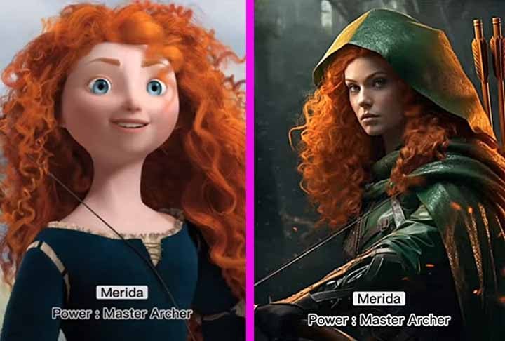 Merida, de "Valente", é mais uma princesa que não deseja ter o seu destino determinado por terceiros. A inteligência artificial a transforma em uma mestra arqueira.-Youtube Canal Dreamy AI