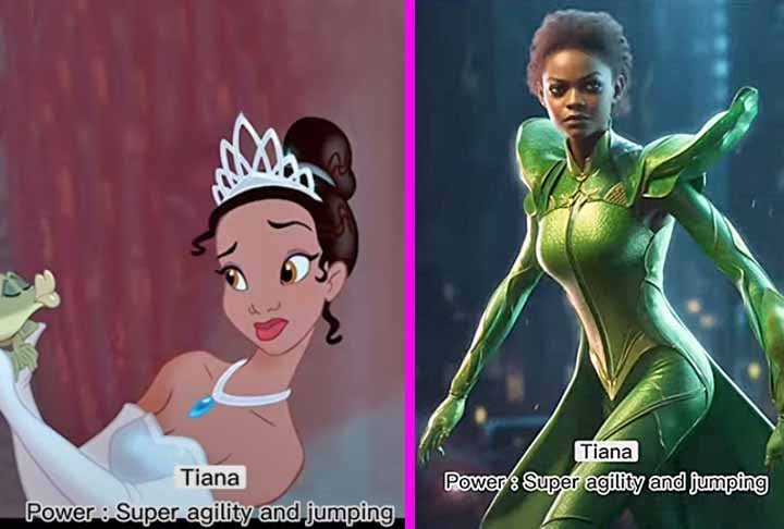 Tiana, a protagonista, de "A Princesa e o Sapo", de 19 anos, almeja abrir o seu próprio restaurante em Nova Orleans. No momento em que está perto de alcançar o seu objetivo se transforma em um sapo. Até por isso, na simulação ela recebe o poder de agilidade e salto. -Youtube Canal Dreamy AI