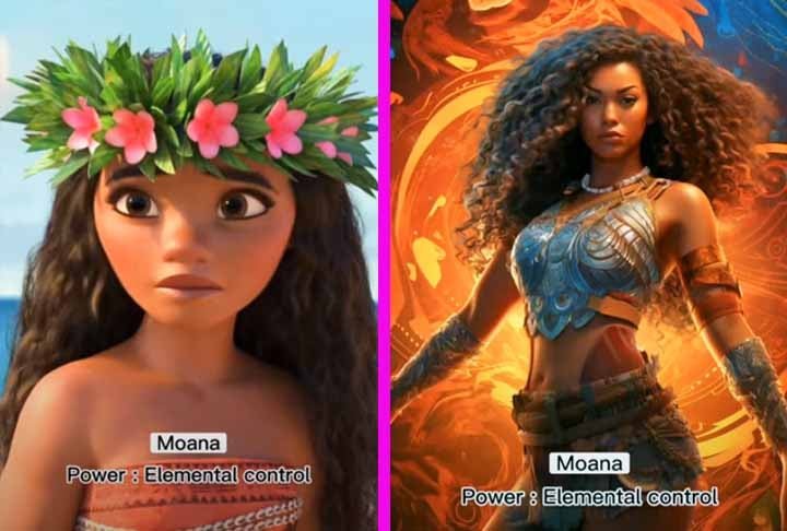 Moana, destemida princesa, se aventura pelo mar com o objetivo de salvar a sua nação de uma praga. Na simulação, ela virou uma espécie de Avatar, já que recebe o poder de dominar os elementos.-Youtube Canal Dreamy AI