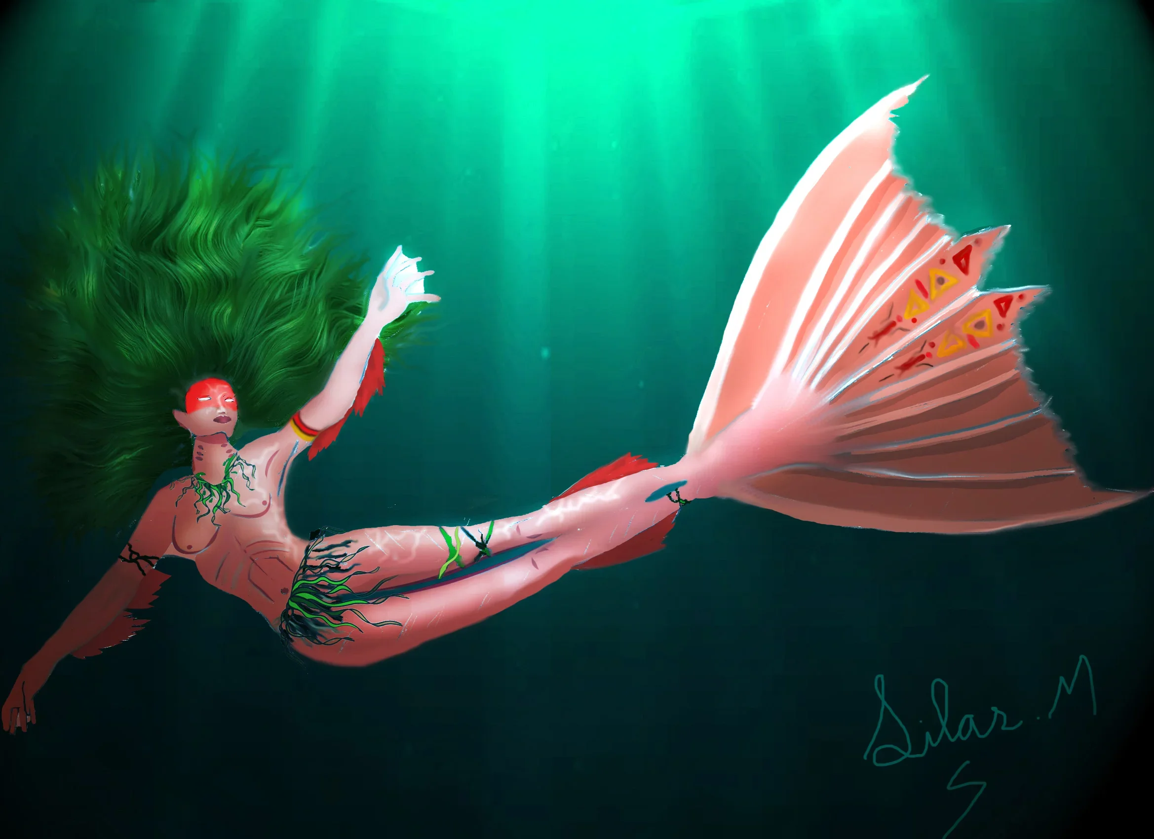 Ela se vingou e, após a morte dos irmãos, seu pai a jogou no rio. Os peixes a salvaram e ela virous sereia.  