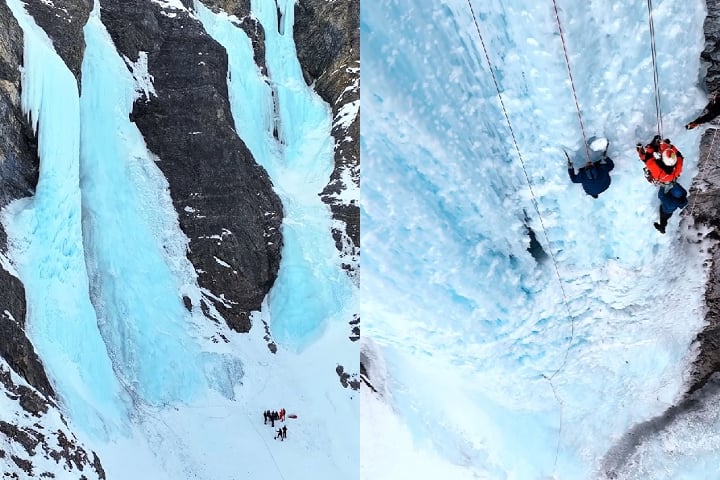 Cachoeira congelada: O influenciador e seus amigos foram deixados de helicóptero para escalar uma enorme cachoeira de gelo na Europa (o local exato não foi revelado). Um deles acabou desistindo no meio do caminho.-montagem/reprodução /youtube 