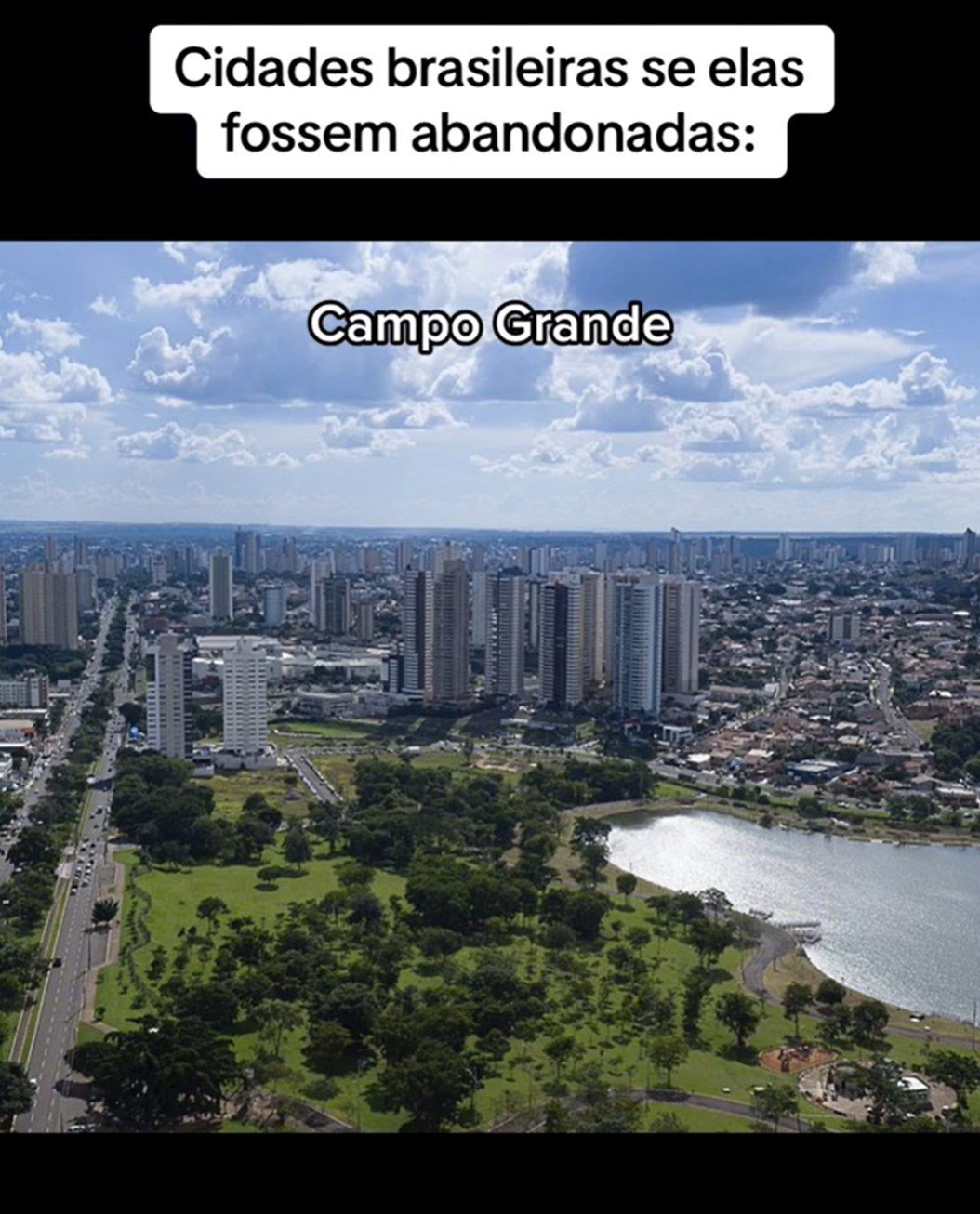 Ao representar o Centro-Oeste, Campo Grande, capital do Mato Grosso do Sul, aparece com sua vegetação viva e uma cidade com automóveis nas ruas. Ao fundo, é possível avistar prédios e moradias, com um ambiente bonito e repleto de vivacidade.