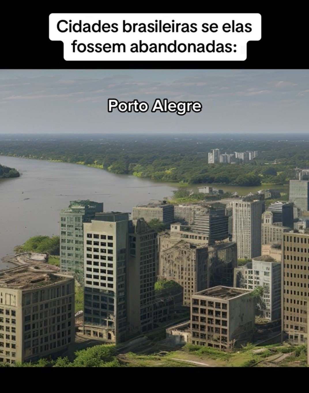 A vegetação toma conta de boa parte da capital, enquanto os prédios aparentam ser ambientes frios e abandonados. A IA retrata uma cidade opaca, sem a vivacidade característica de Porto Alegre. 