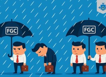 Homens de negócios na chuva; três protegidos por guarda-chuvas com logo FGC e um encharcado sem proteção. Representa segurança financeira do FGC. -  (crédito: Reprodução Educando seu Bolso)