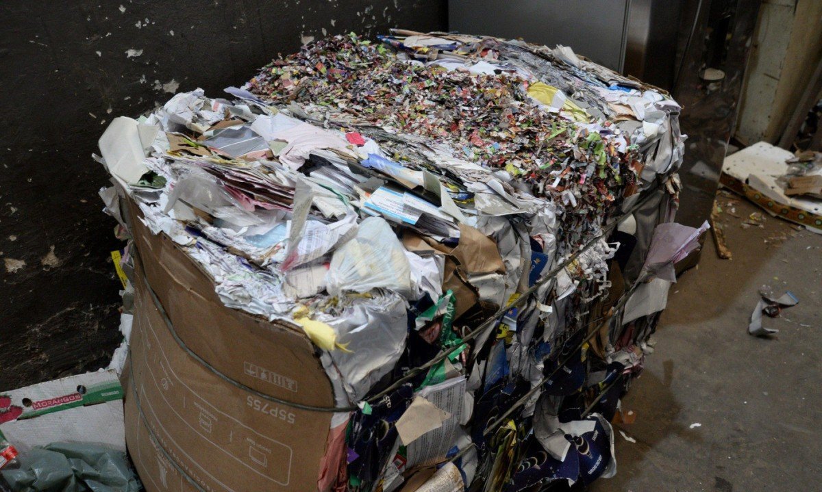 Pilha processada de livros para reciclagem pela empresa Novo Mundo, em BH