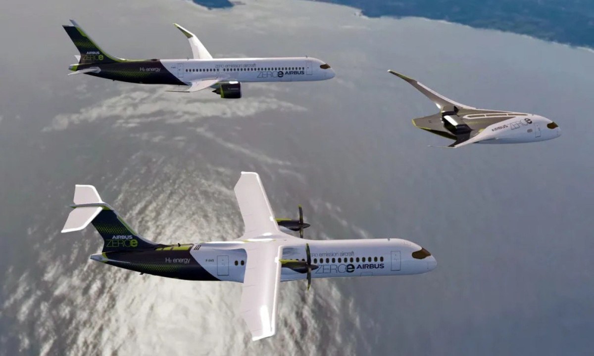 Três aeronaves movidas a hidrogênio, fabricados pela Airbus, ainda em fase de testes - (crédito: divulgação/Airbus) Três aeronaves movidas a hidrogênio, fabricados pela Airbus, ainda em fase de testes - (crédito: divulgação/Airbus)