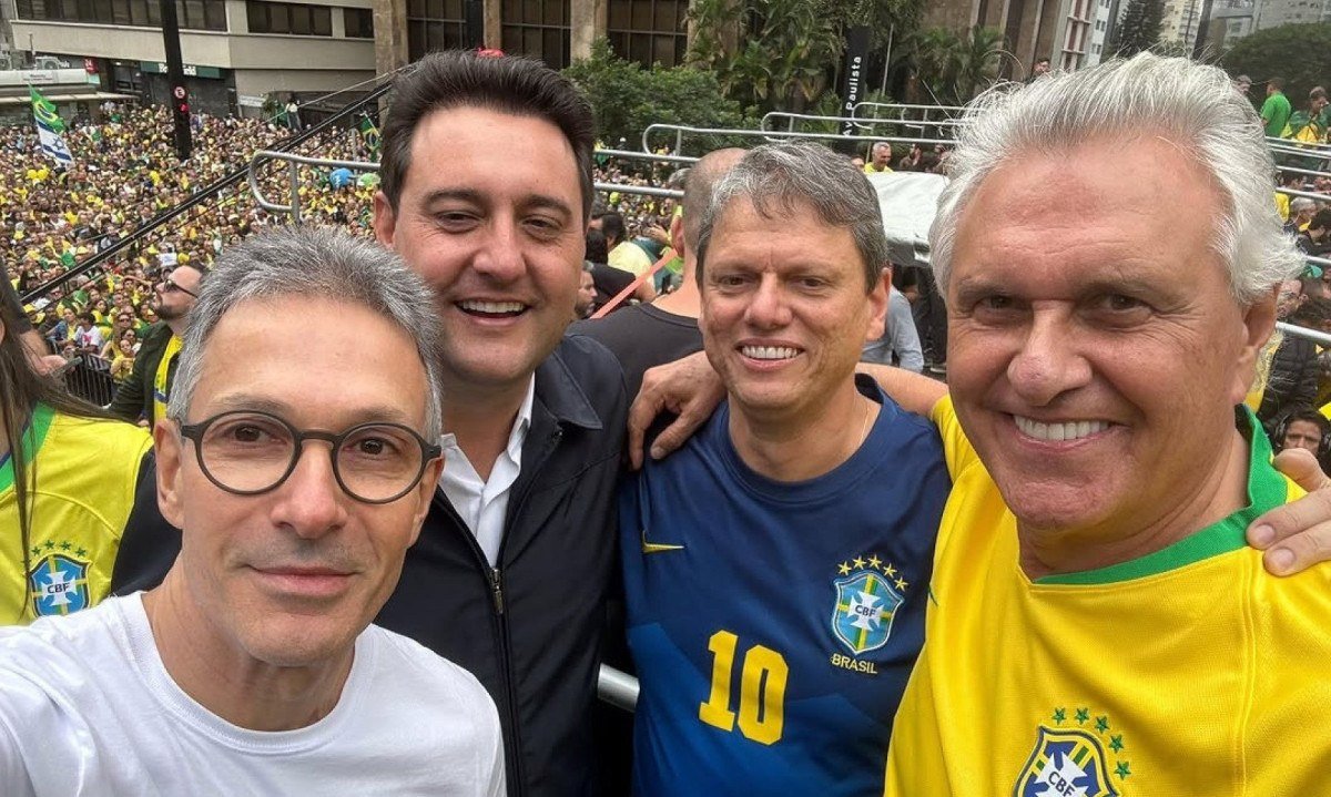 Romeu Zema, Ratinho Júnior (PSD-PR), Tarcísio de Freitas (Republicanos-SP) e Ronaldo Caiado (União-GO) -  (crédito: Reprodução/Romeu Zema)