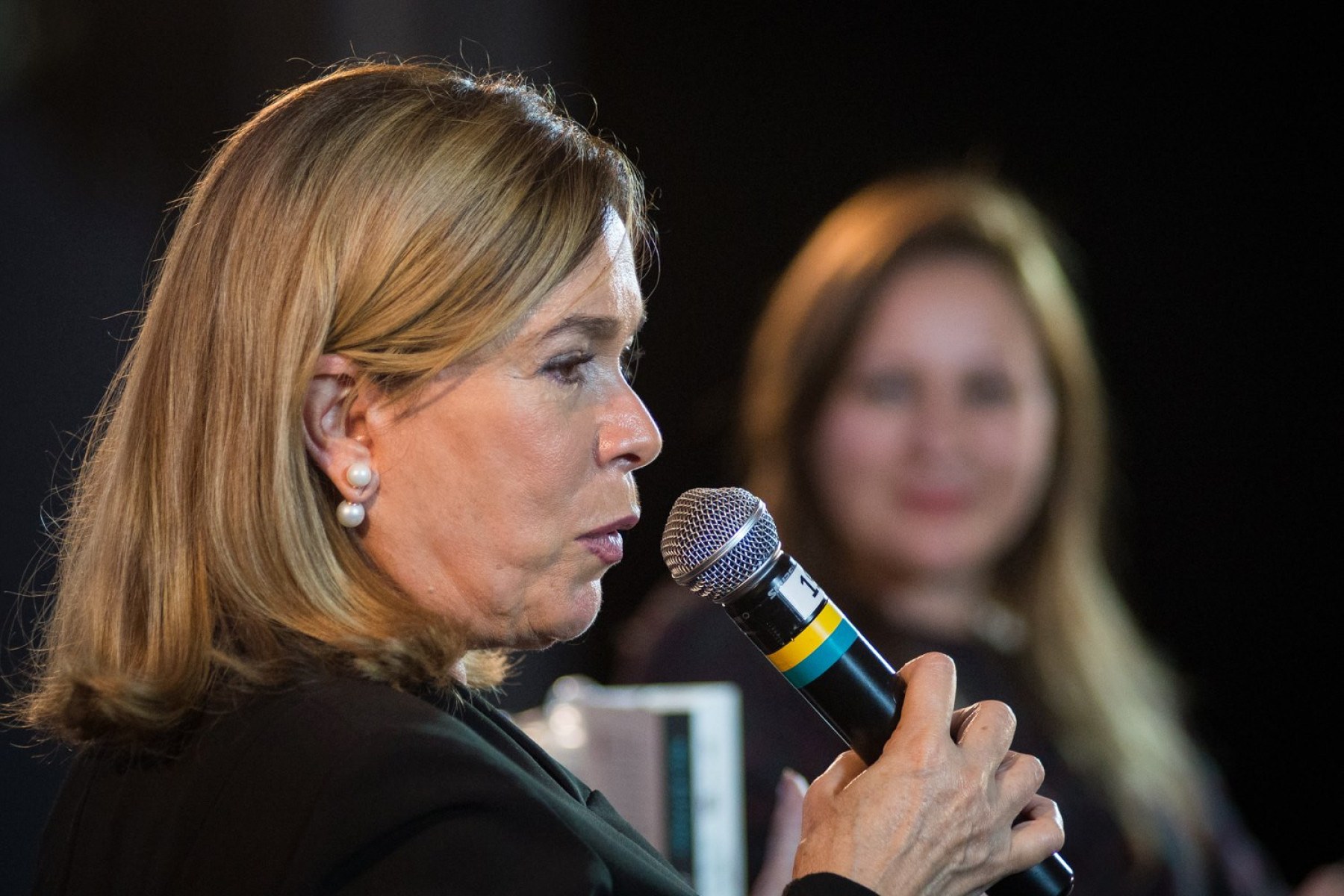 Escritora Mary del Priore fala ao microfone