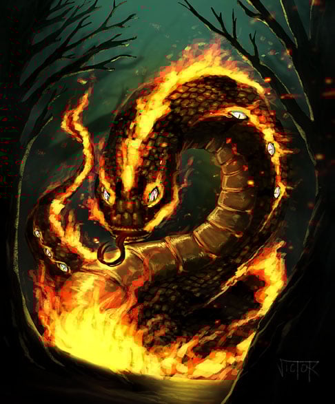 Boitatá - Tem variações, dependendo da região do país. Mas, versão original do povo tupi-guarani, é uma cobra de fogo que protege a mata e tem o poder cegar as pessoas ao fazer contato visual. 