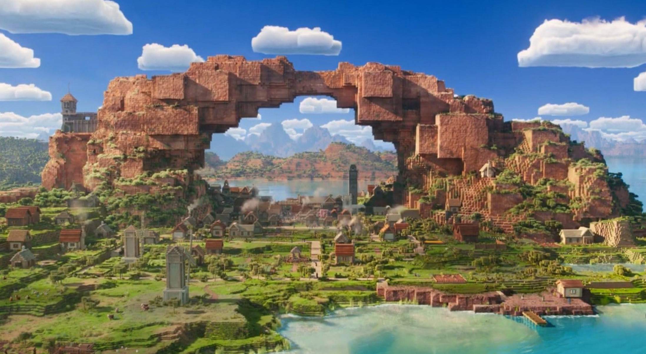 Paisagem formatada em cubos do longa Um filme Minecraft