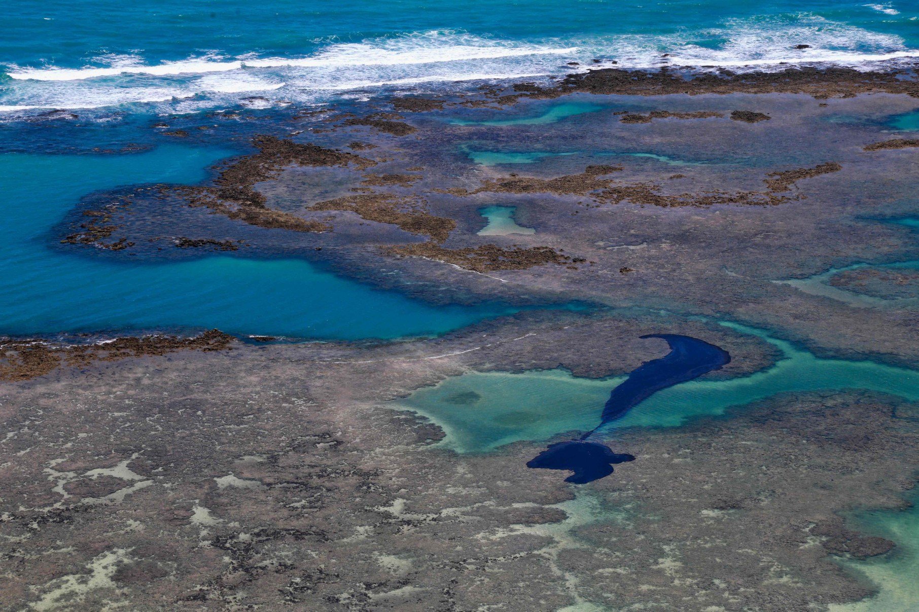  TOPSHOT - Handout picture released by Pernambuco State Government showing oil spilled on Peroba beach, located at the city of Maragogi, Alagoas state, Brazil, on October 17, 2019.  Large blobs of oil staining more than 130 beaches in northeastern Brazil began appearing in early September and have now turned up along a 2,000km stretch of the Atlantic coastline. The source of the patches remain a mystery despite President Jair Bolsonaro's assertions they came from outside the country and were possibly the work of criminals. - RESTRICTED TO EDITORIAL USE - MANDATORY CREDIT 