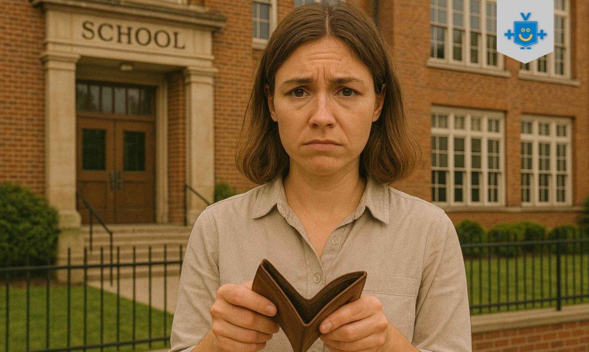 Mulher preocupada em frente a uma escola europeia de tijolos vermelhos, simbolizando dificuldades financeiras no exterior. - (crédito: Reprodução Educando seu Bolso) Mulher preocupada em frente a uma escola europeia de tijolos vermelhos, simbolizando dificuldades financeiras no exterior. - (crédito: Reprodução Educando seu Bolso)