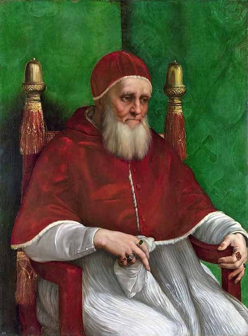 Em 1508, ele aceitou convite de seu amigo Bramante, arquiteto do Vaticano, para ir a Roma e fazer um trabalho para o papa Júlio II (pontífice entre 1503 e 1513 - foto). O líder religioso ficou encantado com os esboços de Rafael.-Domínio Público - Wikimédia Commons