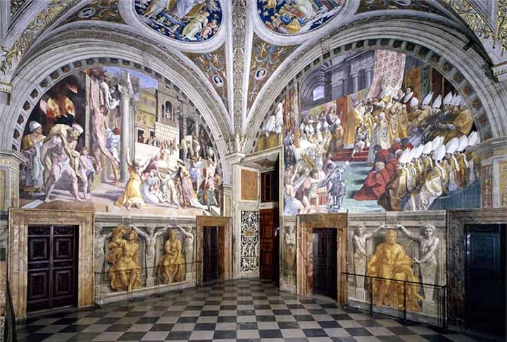 Rafael ficou por 12 anos em Roma, focado na ornamentação de quatro salas do Vaticano: as ‘Stanzas de Rafael’. No caso, ‘Stanza dela Segnatura’, ‘Stanza di Heliodoro’, Stanza dell Incendio di Borgo’ e ‘Stanza di Constantino’.- Reprodução do site museivaticani