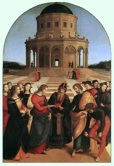 Seu primeiro grande trabalho foi o ‘Casamento da Virgem’ para a igreja de São Francisco, na Città di Castello, concluída em 1504. O aprendizado com Perugino ficou perceptível na perspectiva e na proporcionalidade entre as figuras.-Mattana - Wikimédia Commons