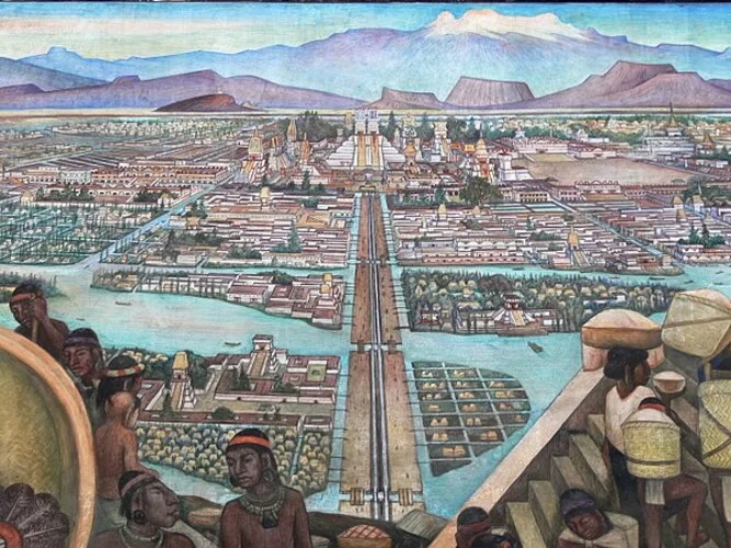 Tenochtitlán, a capital do Império Asteca, estava localizada em uma ilhota elevada às margens do lago Texcoco. Atualmente, faz parte do centro histórico da Cidade do México, capital do país.
