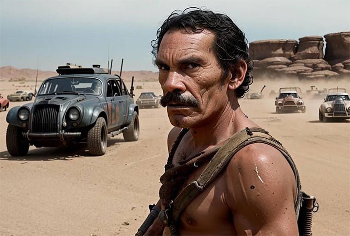 Seu Madruga em Mad Max, sucesso de Mel Gibson. 