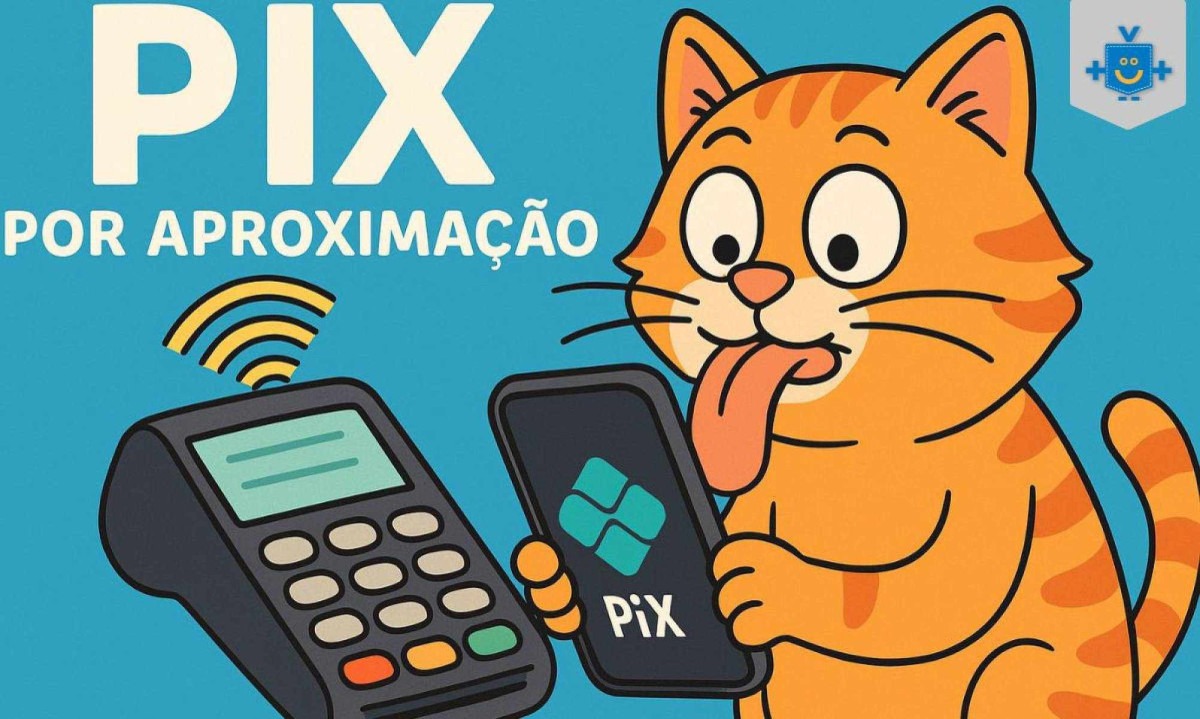 Gato animado usando Pix por aproximação com celular e maquininha NFC. Fundo azul e texto educativo. - (crédito: Reprodução Educando seu Bolso) Gato animado usando Pix por aproximação com celular e maquininha NFC. Fundo azul e texto educativo. - (crédito: Reprodução Educando seu Bolso)