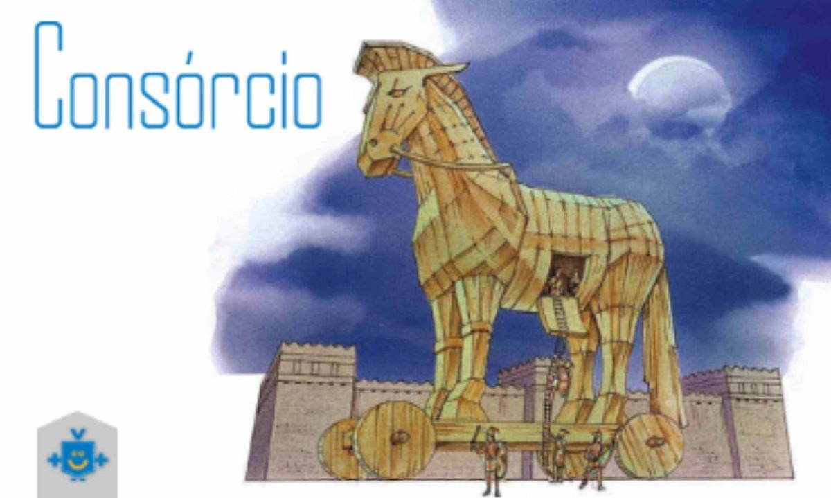 Ilustração de um cavalo de Troia com a palavra Ilustração de um cavalo de Troia com a palavra