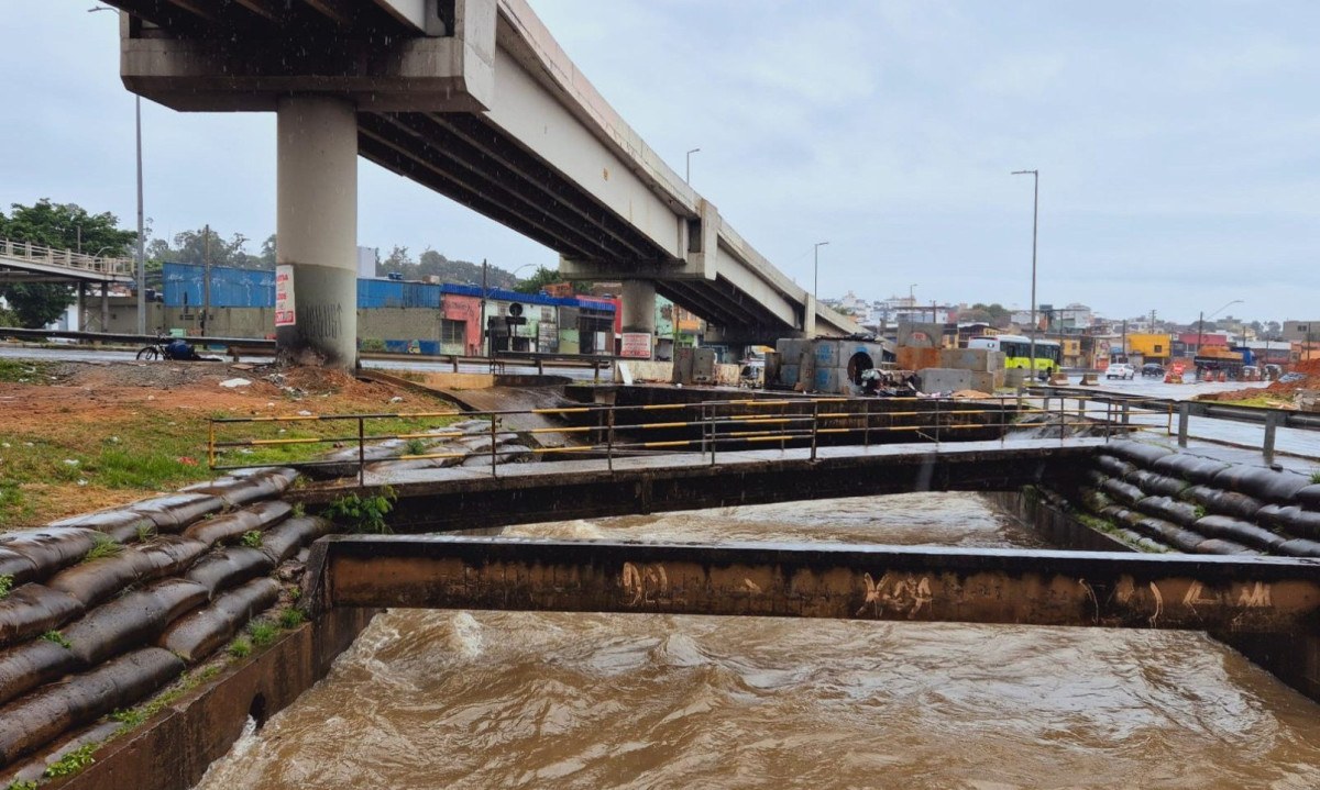 A chuva forte causou quedas de árvores, alagamentos e impactou o trânsito na capital na manhã desta quarta feira (16/04)  -  (crédito: Jair Amaral/EM/D.A Press)